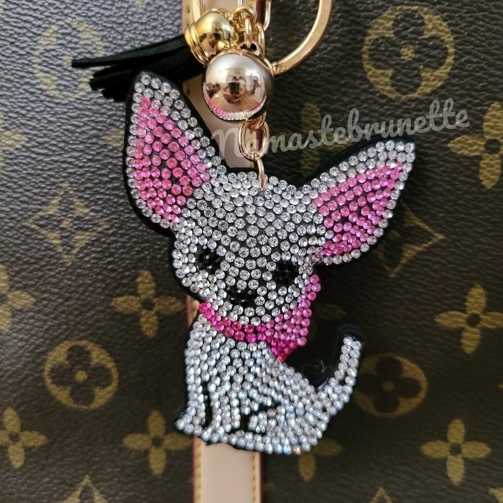 Chihuahua Dog Crystal Rhinestone Keychain Bag Charm With Black Tassel